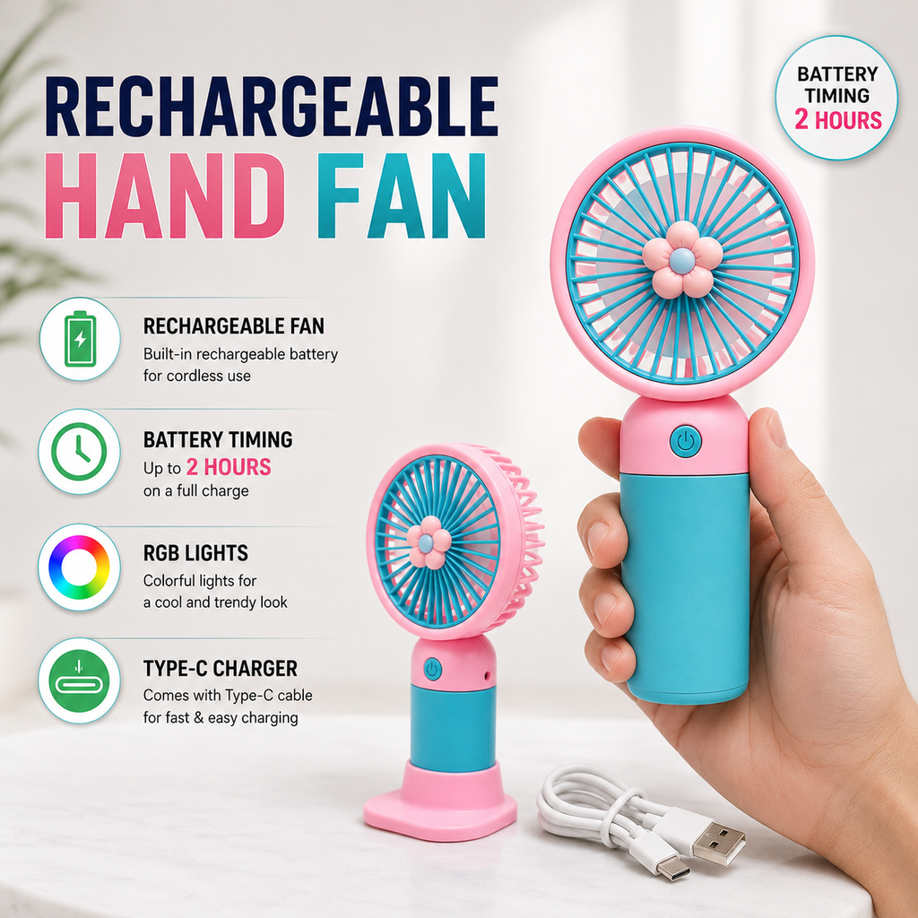 Mini rechargeable hand fan | type c charging port | 2+ hours battery timing