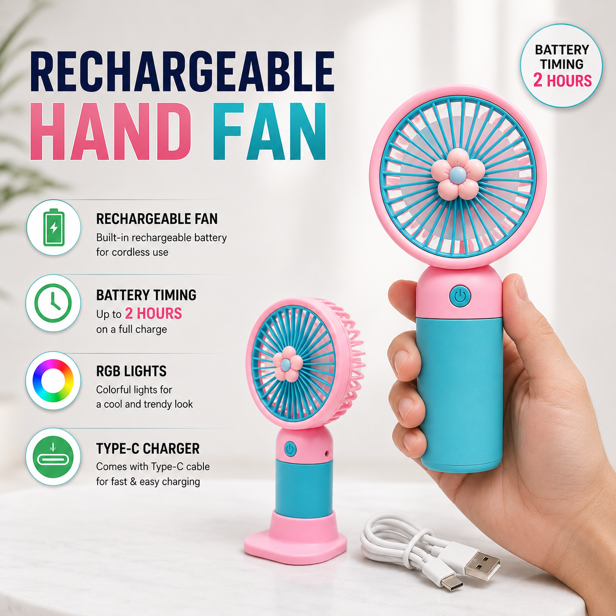 Mini rechargeable hand fan | type c charging port | 2+ hours battery timing